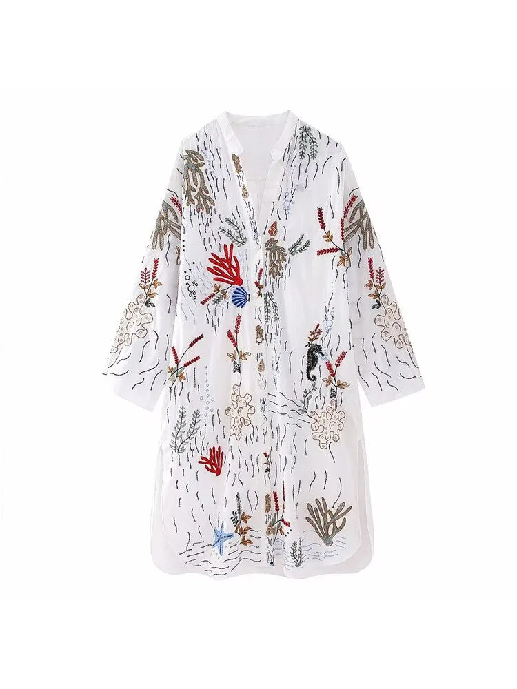 ASHORE SHOP Women Embroidery Long Dress 2023 New Round Neck Single Breasted Long Sleeve Shirt Style Knee-Length Loose Dress