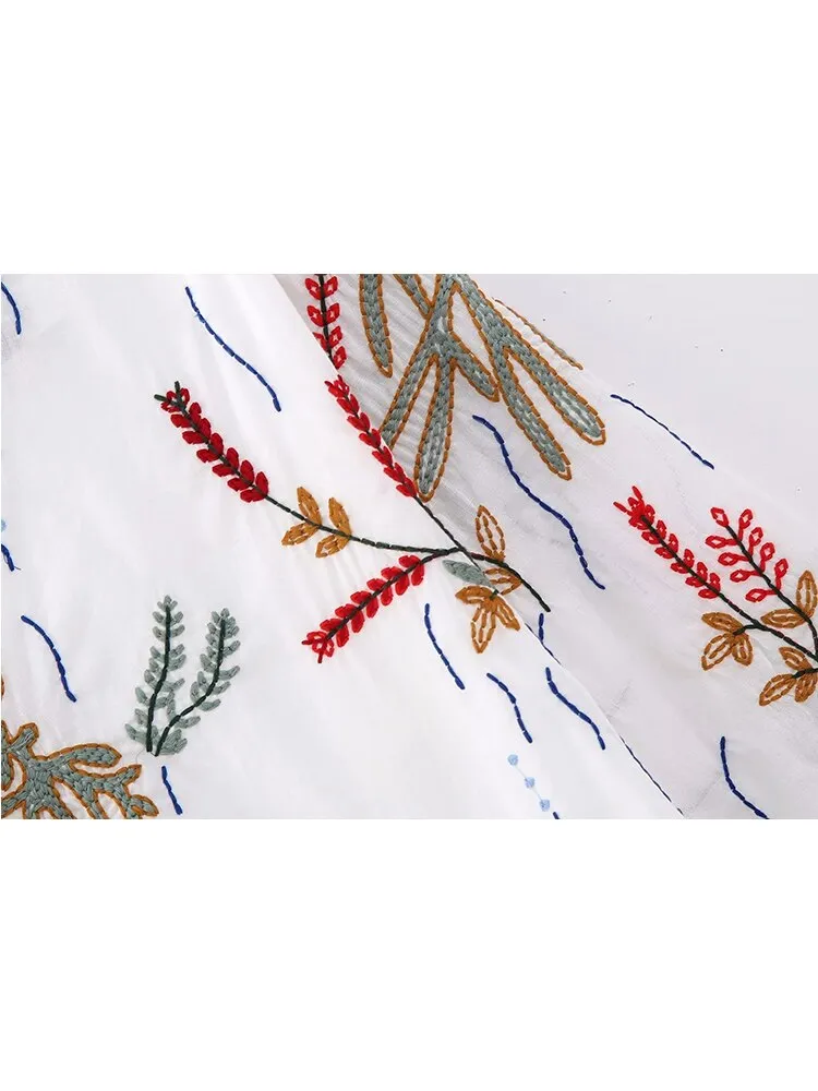 ASHORE SHOP Women Embroidery Long Dress 2023 New Round Neck Single Breasted Long Sleeve Shirt Style Knee-Length Loose Dress