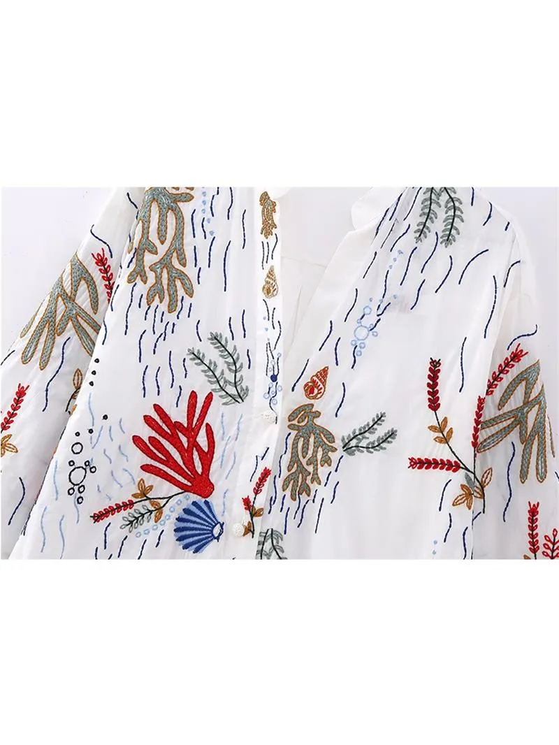ASHORE SHOP Women Embroidery Long Dress 2023 New Round Neck Single Breasted Long Sleeve Shirt Style Knee-Length Loose Dress