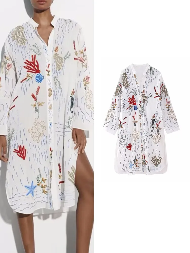 ASHORE SHOP Women Embroidery Long Dress 2023 New Round Neck Single Breasted Long Sleeve Shirt Style Knee-Length Loose Dress