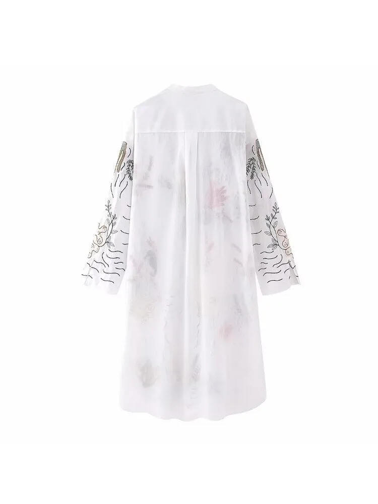 ASHORE SHOP Women Embroidery Long Dress 2023 New Round Neck Single Breasted Long Sleeve Shirt Style Knee-Length Loose Dress