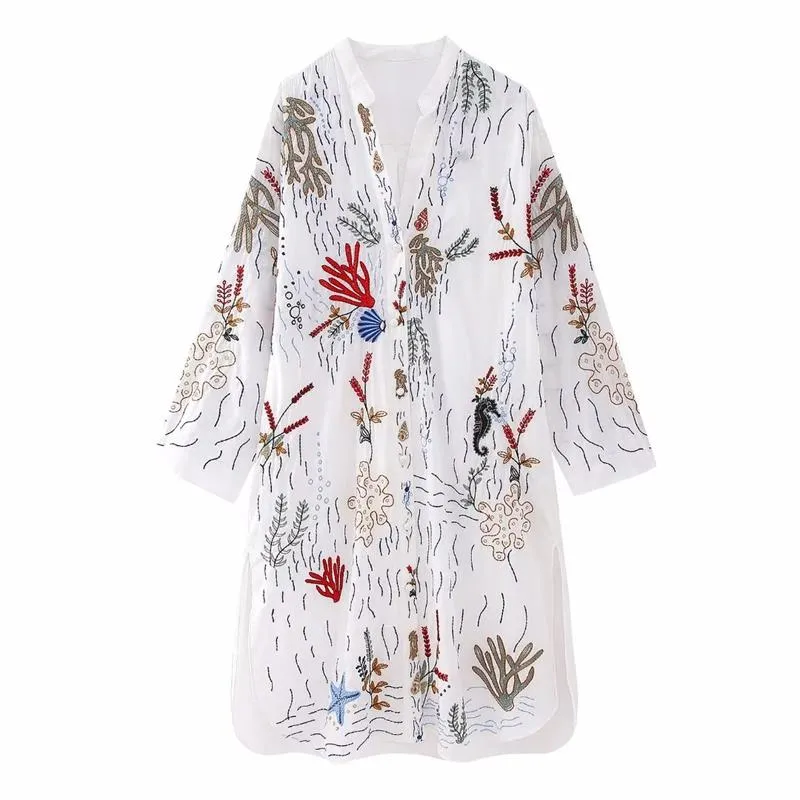 ASHORE SHOP Women Embroidery Long Dress 2023 New Round Neck Single Breasted Long Sleeve Shirt Style Knee-Length Loose Dress