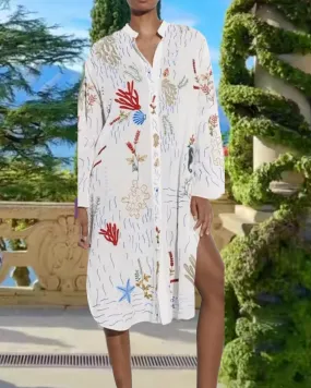 ASHORE SHOP Women Embroidery Long Dress 2023 New Round Neck Single Breasted Long Sleeve Shirt Style Knee-Length Loose Dress