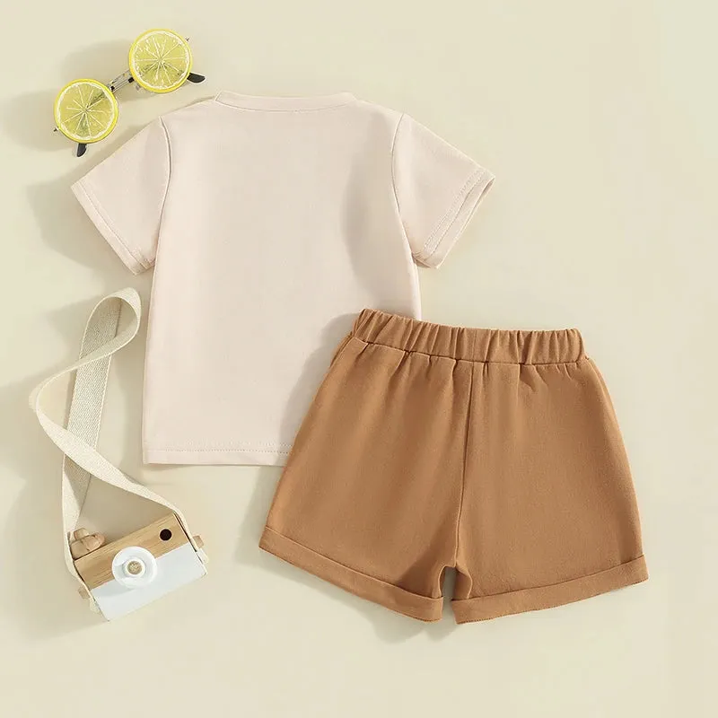 Beige Summer Popsicle Embroidery T-Shirt and Shorts Set