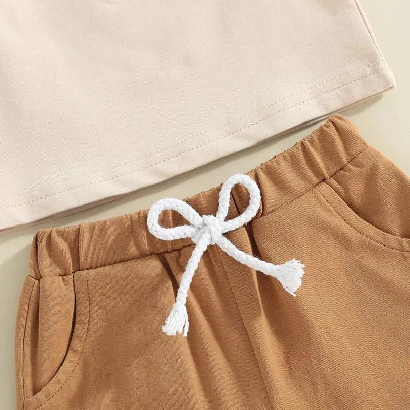 Beige Summer Popsicle Embroidery T-Shirt and Shorts Set