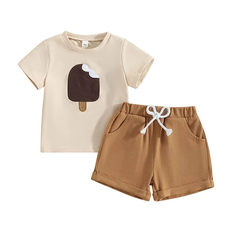 Beige Summer Popsicle Embroidery T-Shirt and Shorts Set