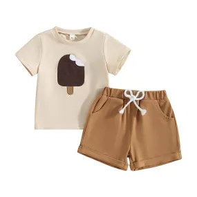 Beige Summer Popsicle Embroidery T-Shirt and Shorts Set