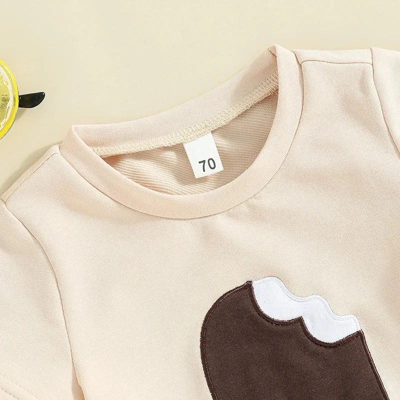 Beige Summer Popsicle Embroidery T-Shirt and Shorts Set