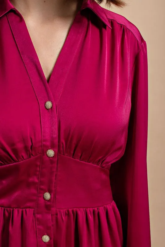 Berry Satin Button Down Shirt Dress With Jeweled Buttons