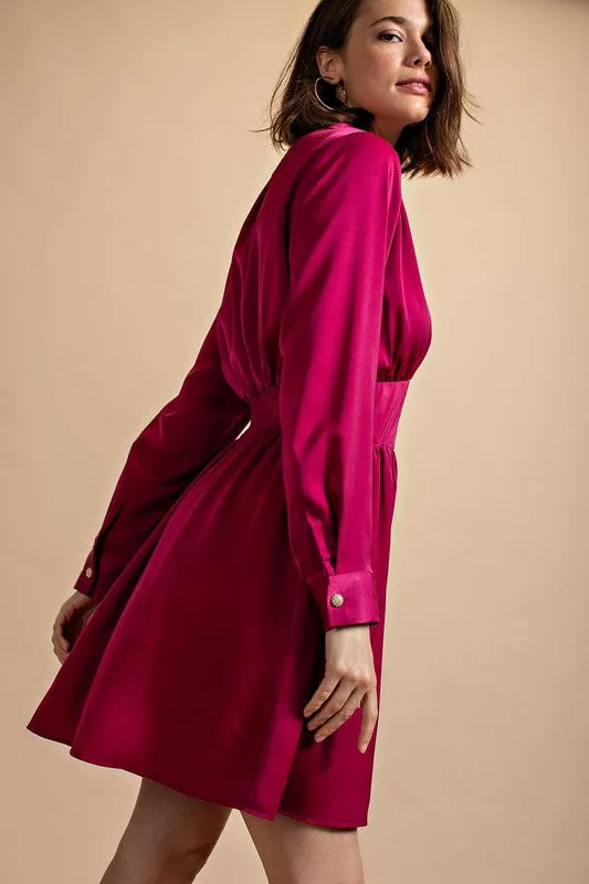 Berry Satin Button Down Shirt Dress With Jeweled Buttons