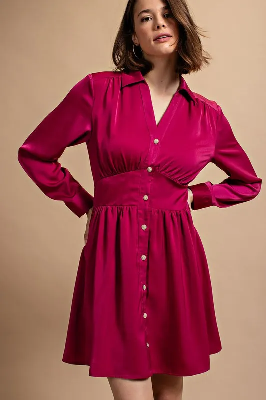 Berry Satin Button Down Shirt Dress With Jeweled Buttons