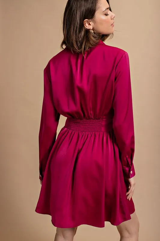 Berry Satin Button Down Shirt Dress With Jeweled Buttons