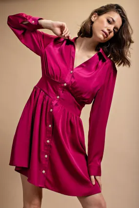 Berry Satin Button Down Shirt Dress With Jeweled Buttons