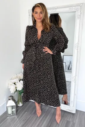 Black Heart Printed Tie Waist Midi Shirt Dress