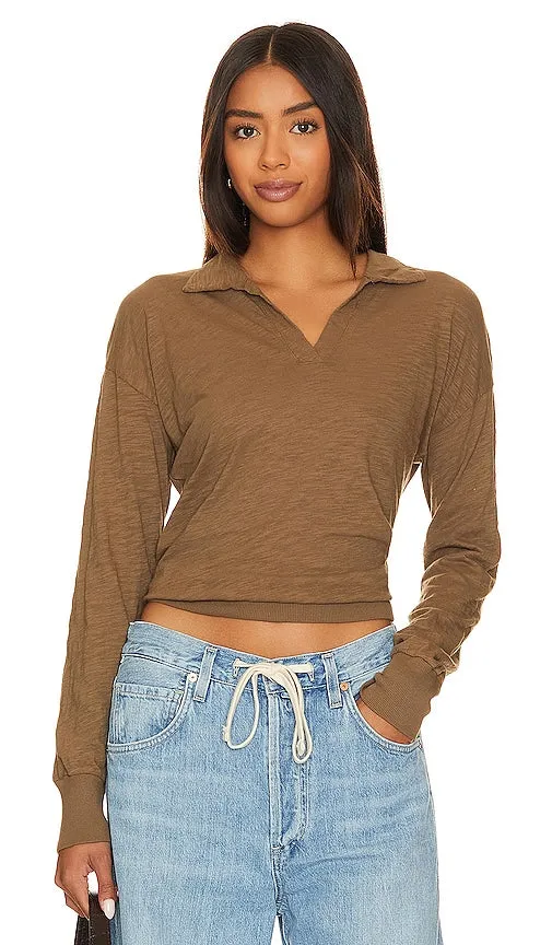 Bobi Banded V Neck Collared Shirt in Brown