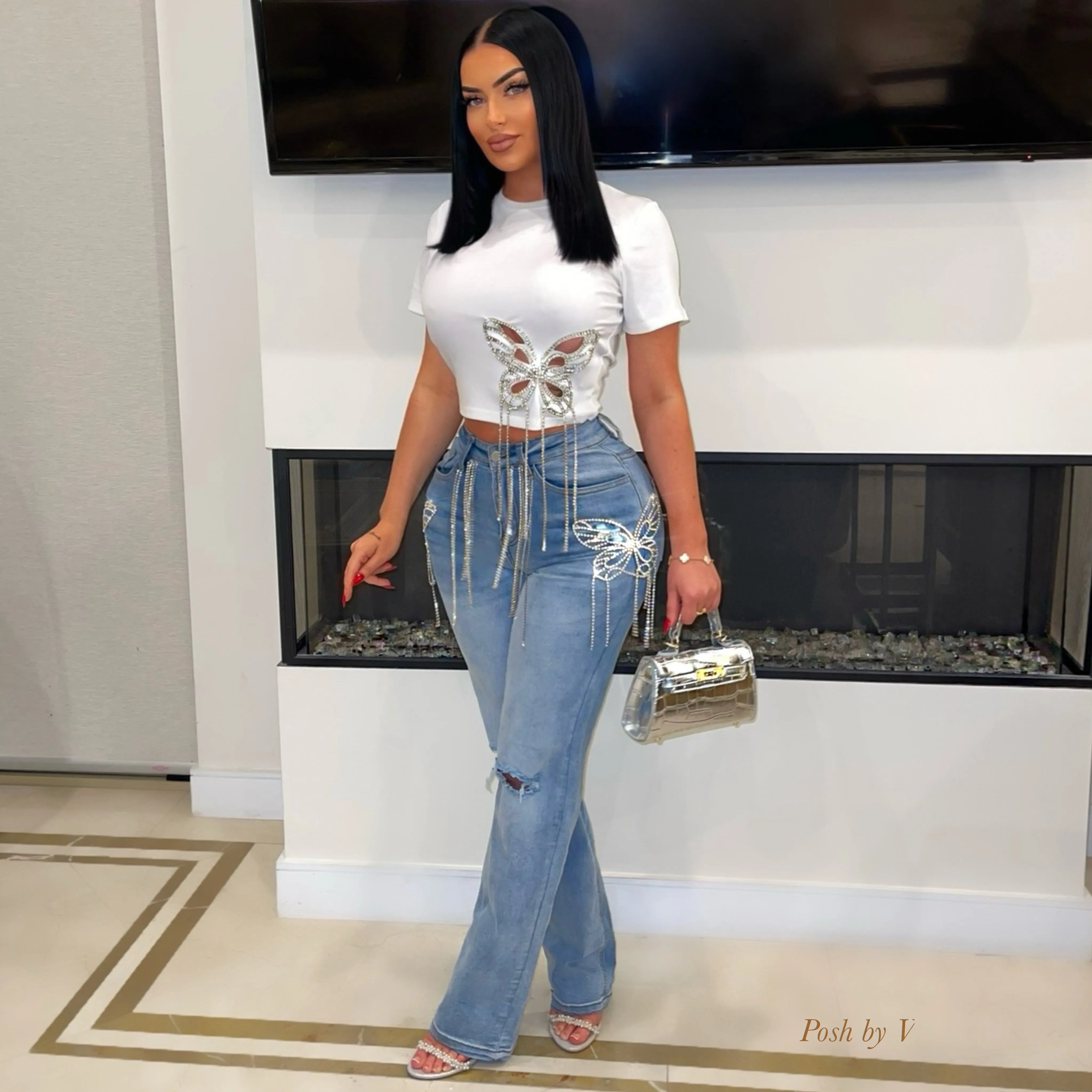 Butterfly crystal jeans (Blue/silver)