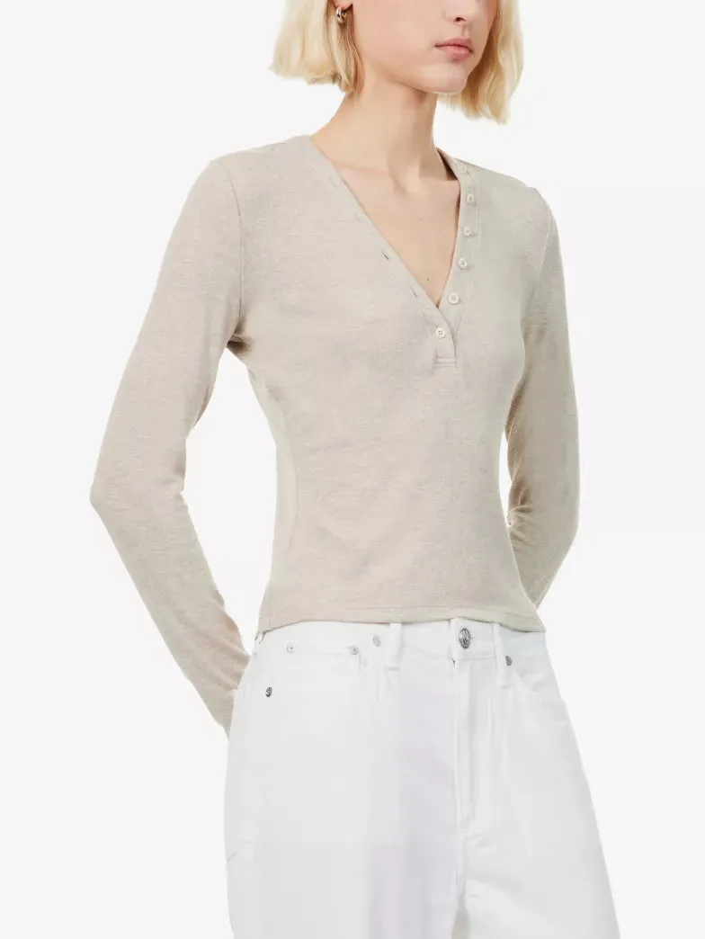 Frjkt020 Oatmeal Rib Henley Top