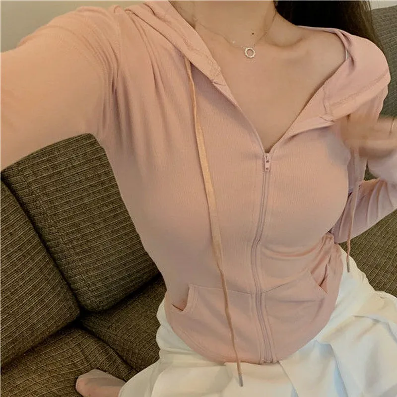 Hulianfu Basic Jackets Women Hooded Slim Female Long Sleeve Spring Summer Solid Casual Outerwear Workout Sun-proof College Clothes