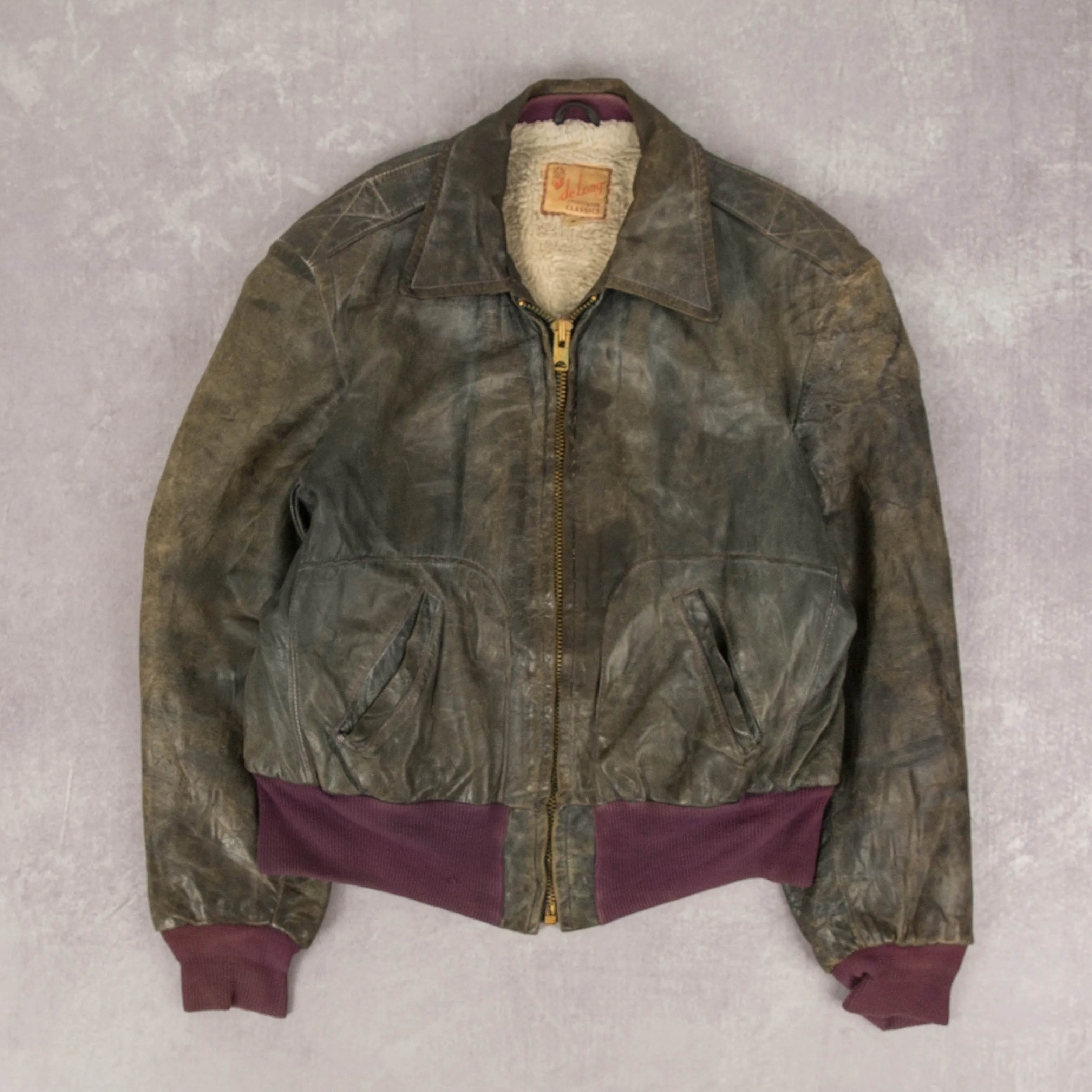 MEN'S VINTAGE 1960S FADED LEATHER BOMBER JACKET - SMALL