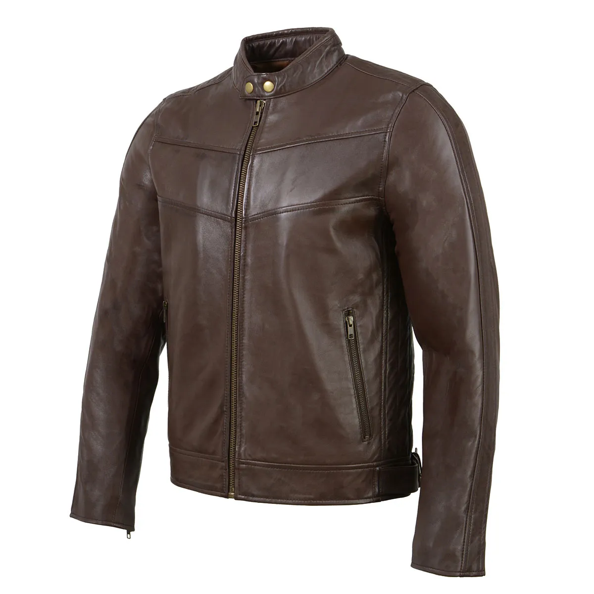 Milwaukee Leather SFM1835 Men's Brown Cafe Racer Leather Jacket with Snap Button Collar