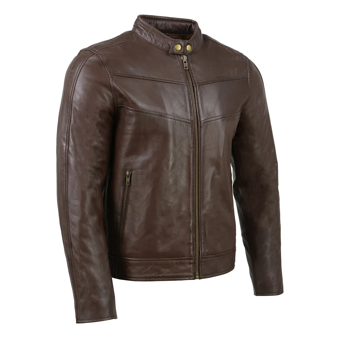 Milwaukee Leather SFM1835 Men's Brown Cafe Racer Leather Jacket with Snap Button Collar