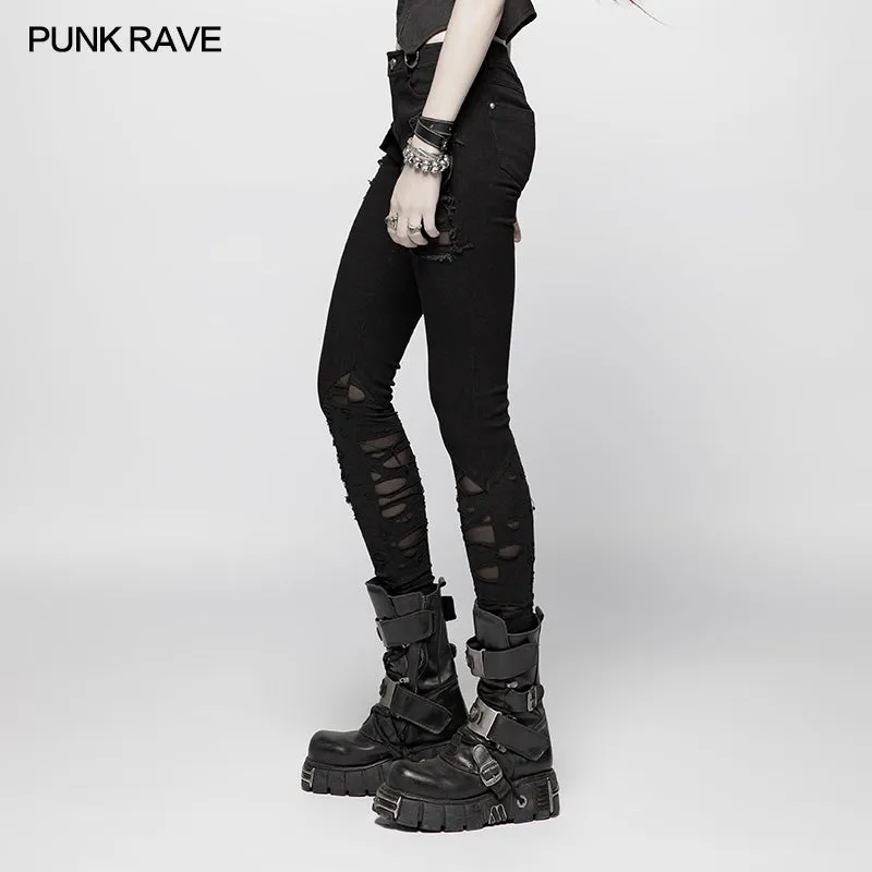 OK-344 Punk Elastic Stitching Trousers With Broken Hole