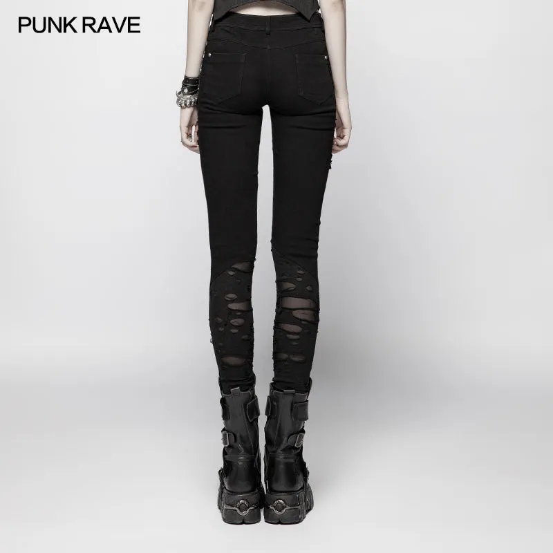 OK-344 Punk Elastic Stitching Trousers With Broken Hole