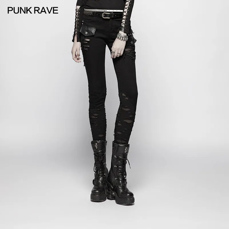 OK-344 Punk Elastic Stitching Trousers With Broken Hole