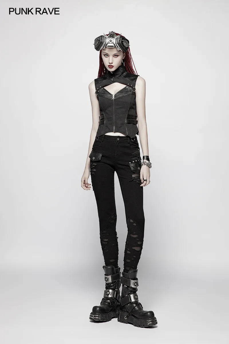 OK-344 Punk Elastic Stitching Trousers With Broken Hole