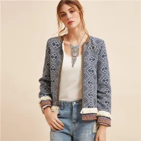 SHEIN Multicolor Fringe Trim Tribal Jacket With Embroidered Tape Coat Women Autumn Long Sleeve Folk Print Casual Outerwear Coats