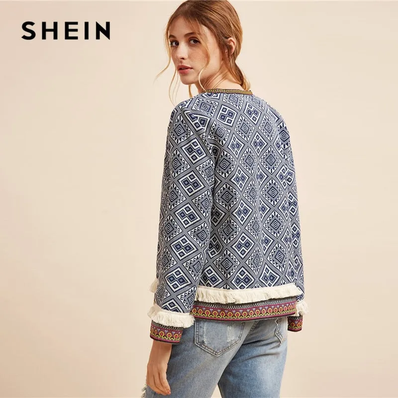 SHEIN Multicolor Fringe Trim Tribal Jacket With Embroidered Tape Coat Women Autumn Long Sleeve Folk Print Casual Outerwear Coats