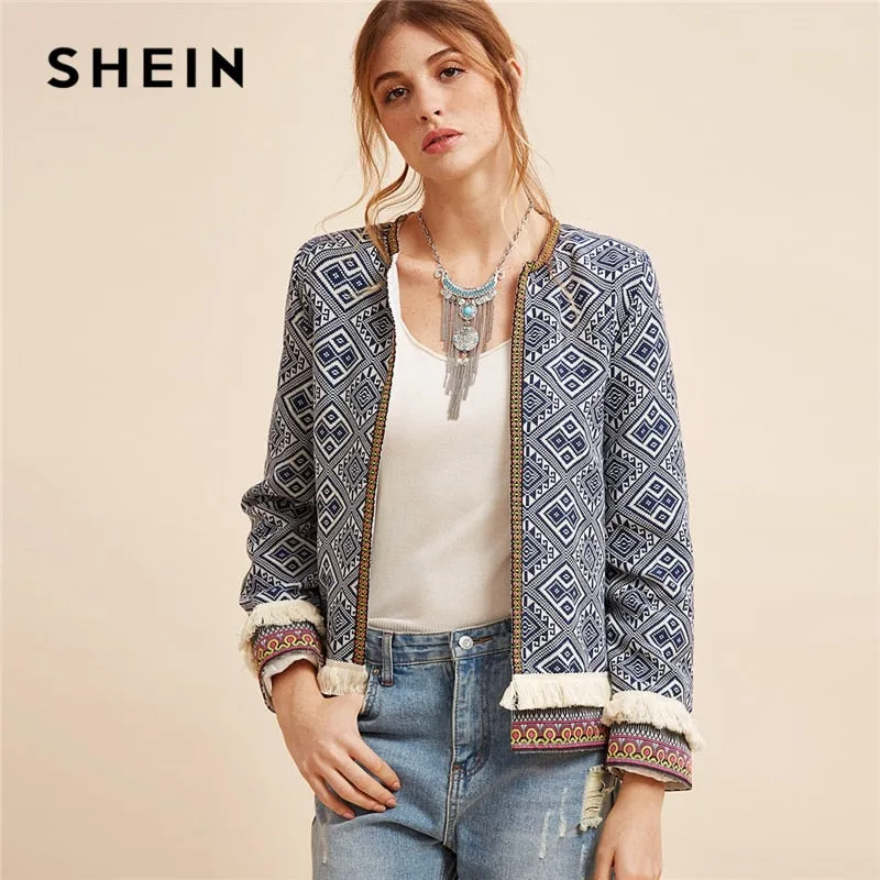 SHEIN Multicolor Fringe Trim Tribal Jacket With Embroidered Tape Coat Women Autumn Long Sleeve Folk Print Casual Outerwear Coats