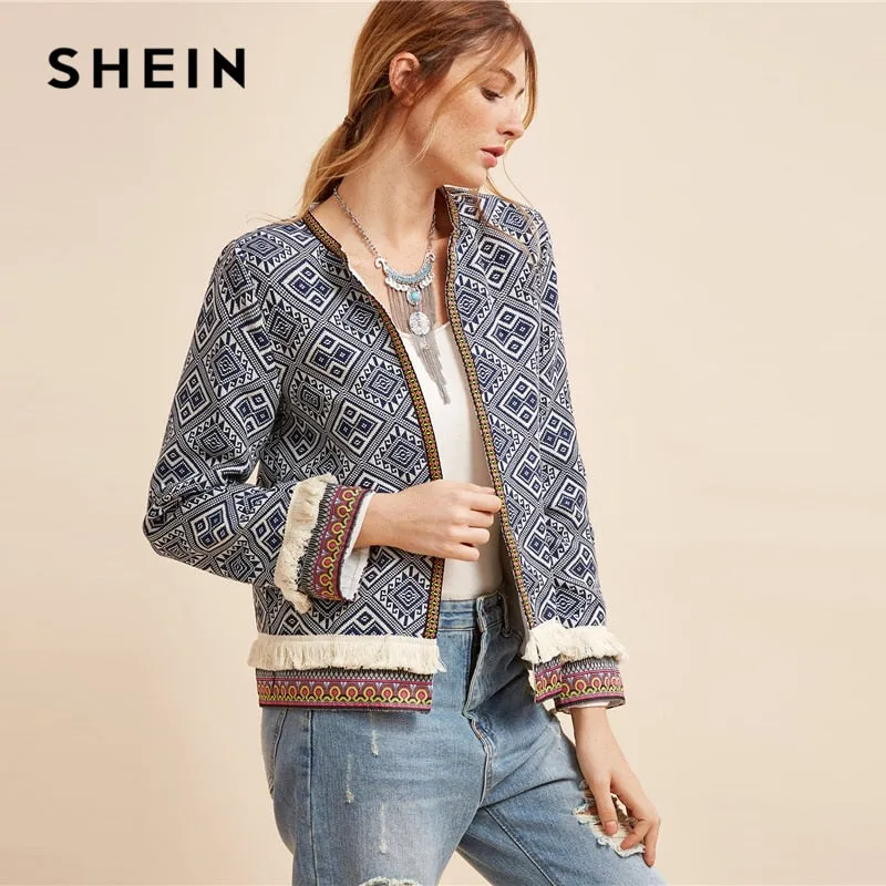 SHEIN Multicolor Fringe Trim Tribal Jacket With Embroidered Tape Coat Women Autumn Long Sleeve Folk Print Casual Outerwear Coats