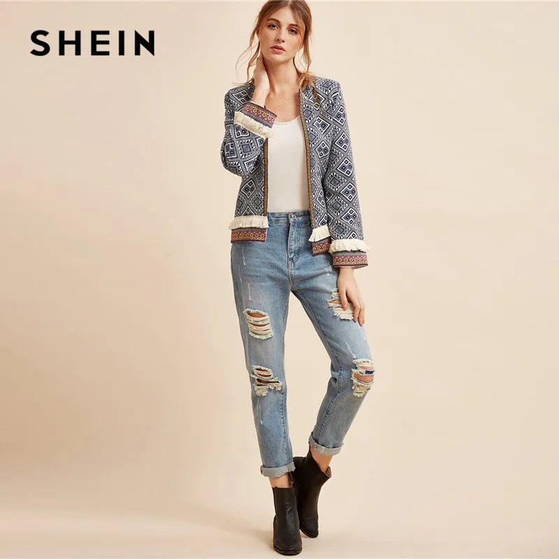 SHEIN Multicolor Fringe Trim Tribal Jacket With Embroidered Tape Coat Women Autumn Long Sleeve Folk Print Casual Outerwear Coats