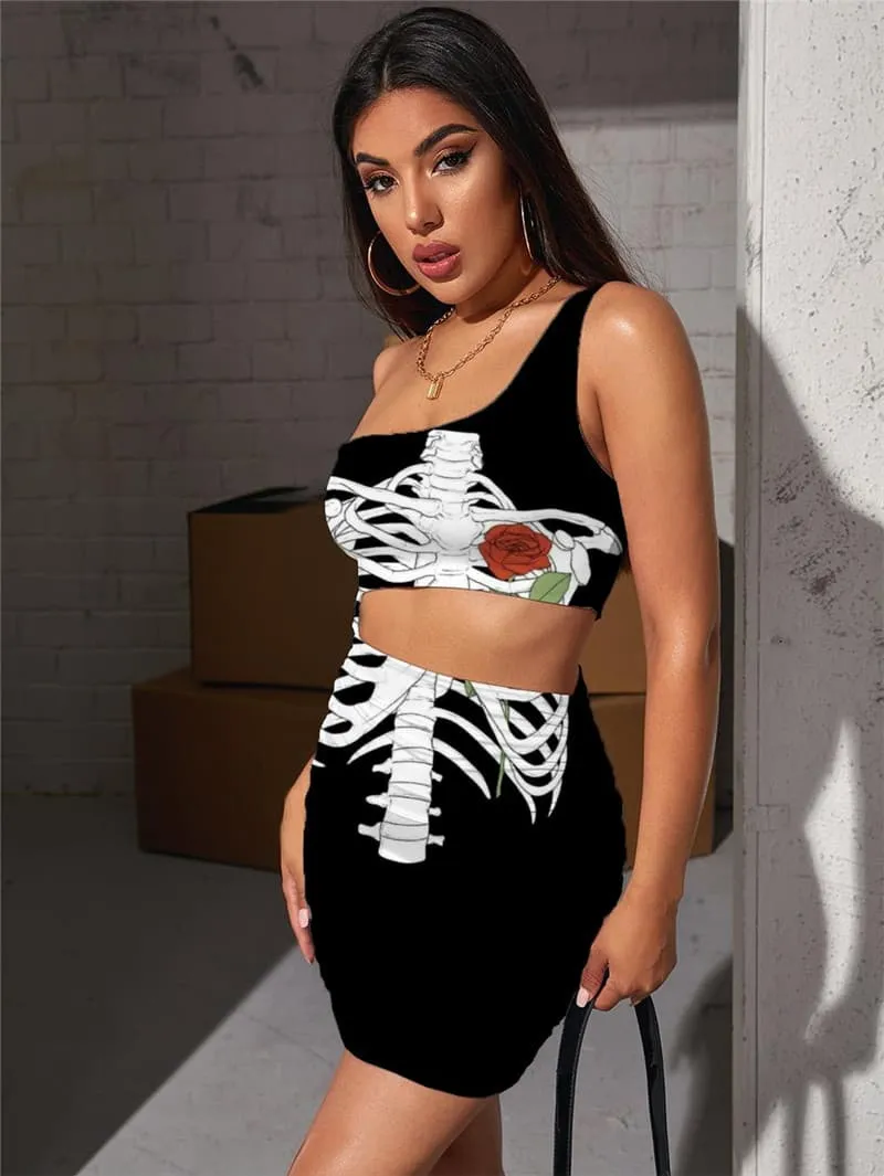 Skeleton Dresses Women Flower Pleating Art Hollow out Dresses Hip Hop Bodycon Dress