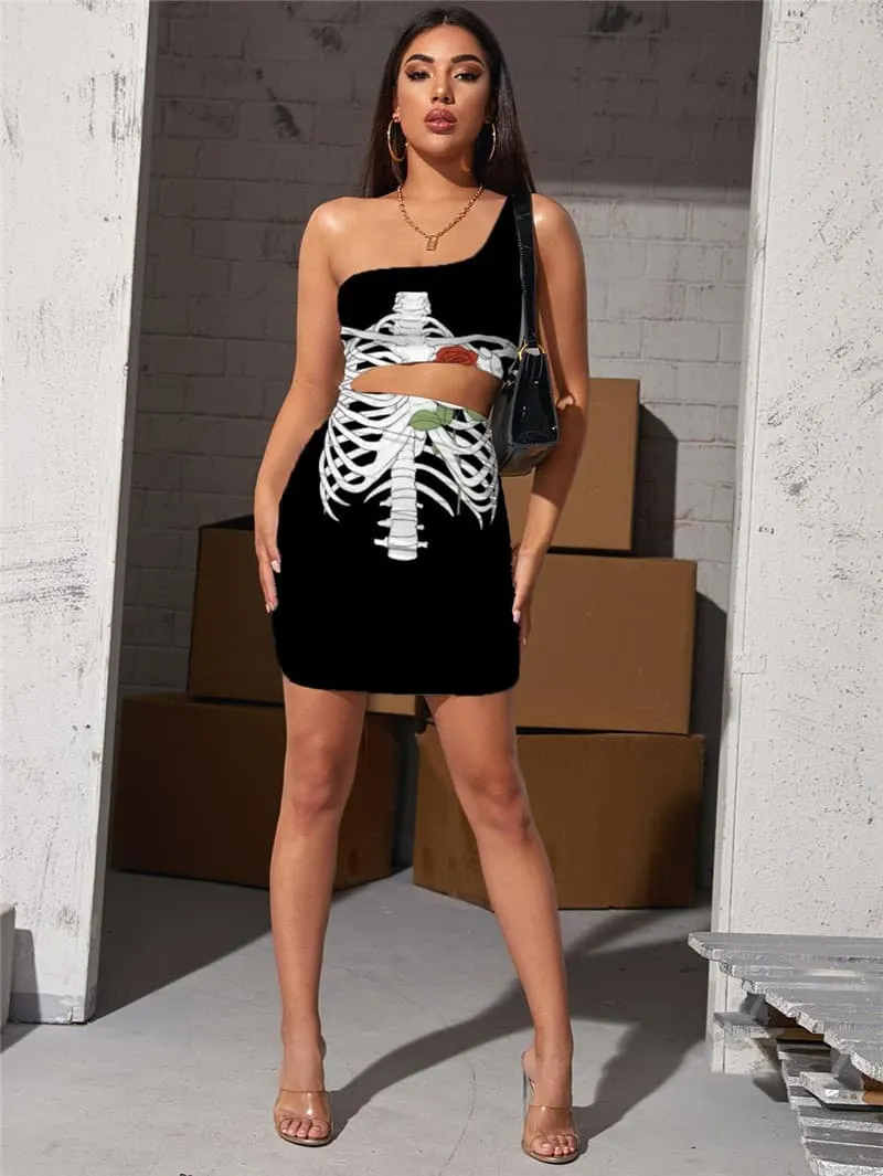Skeleton Dresses Women Flower Pleating Art Hollow out Dresses Hip Hop Bodycon Dress