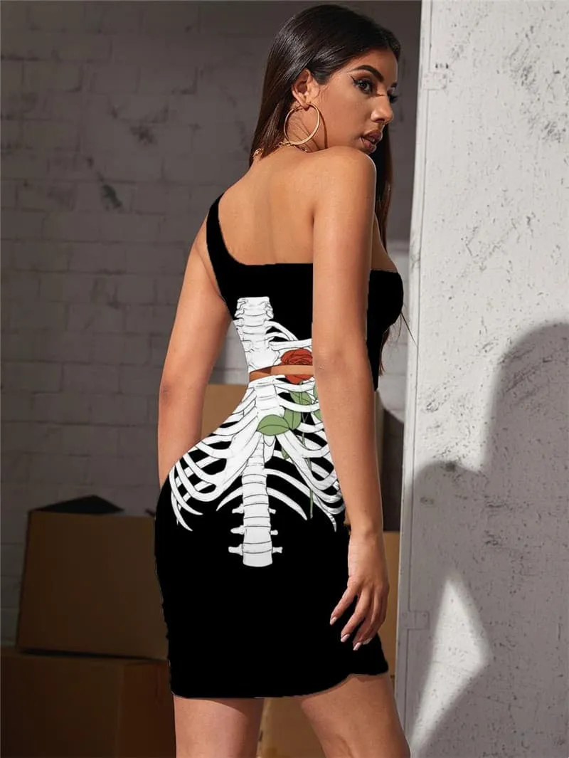 Skeleton Dresses Women Flower Pleating Art Hollow out Dresses Hip Hop Bodycon Dress