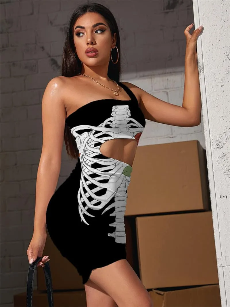 Skeleton Dresses Women Flower Pleating Art Hollow out Dresses Hip Hop Bodycon Dress