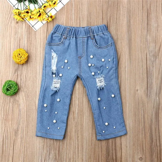 Summer Casual Shredded Jeans Denim Elastic Trousers Blue Hole Pants