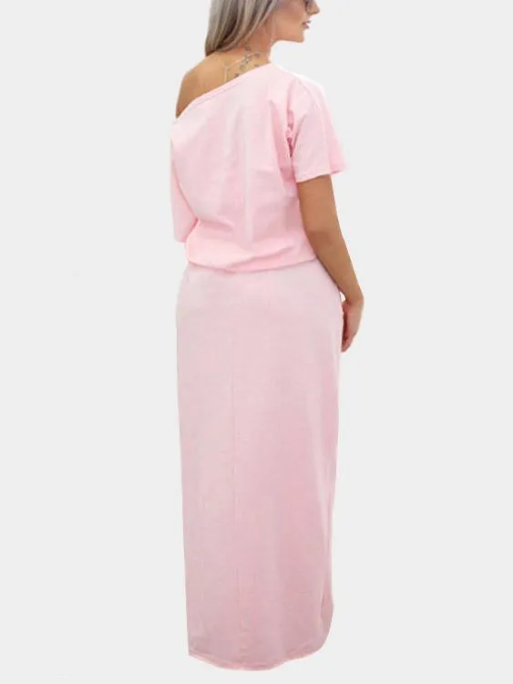 Wholesale One Shoulder Side Pockets Short Sleeve Slit Hem Pink Casual Dresses