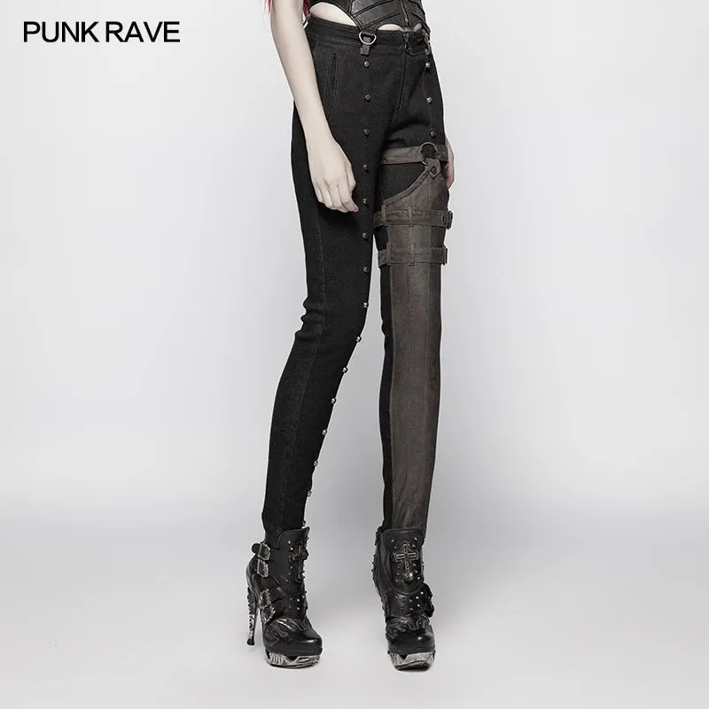 WK-348 Steampunk Micro-elastic  Contrasting Color Denim Trousers