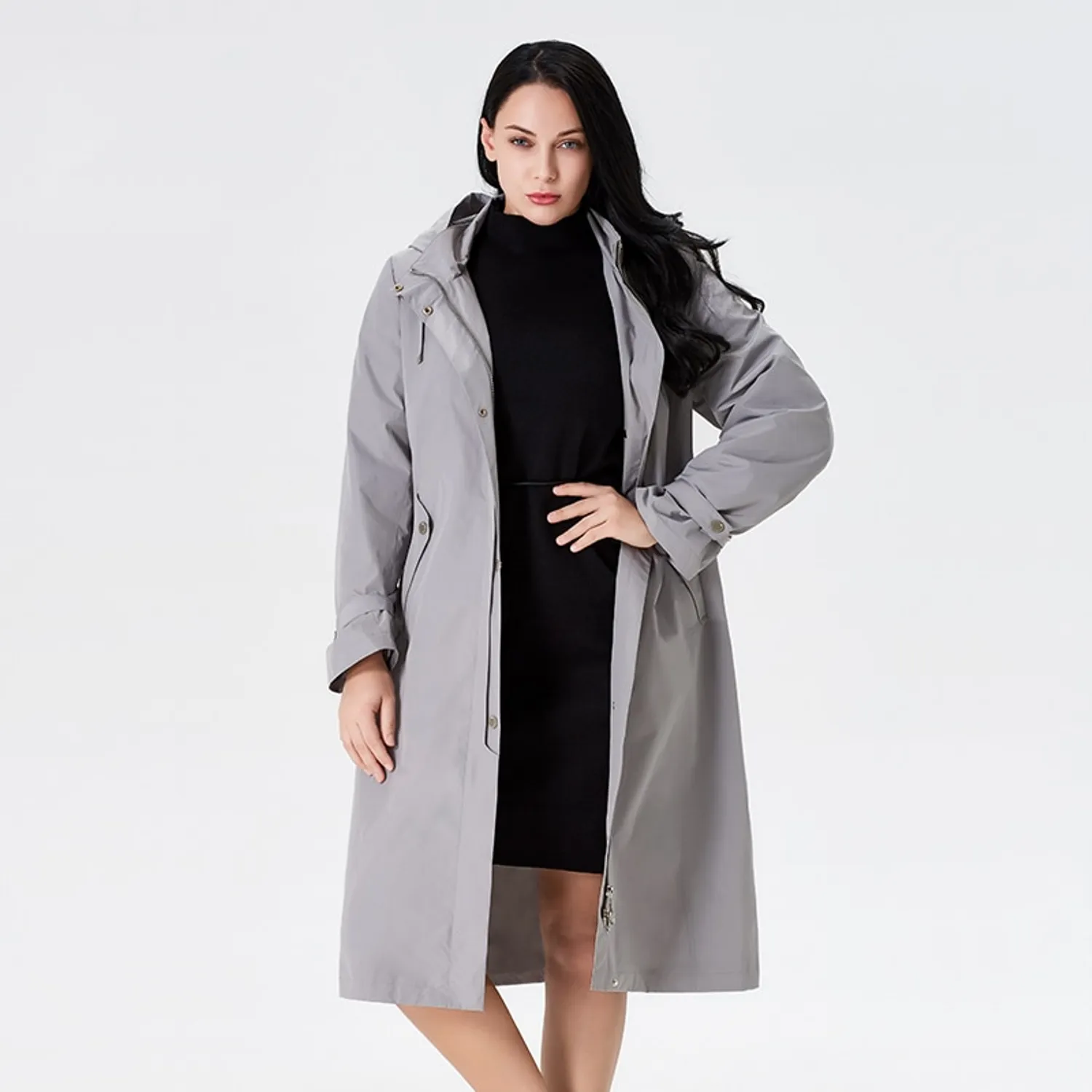 Women's Spring Solid Long Windbreaker | Plus Size