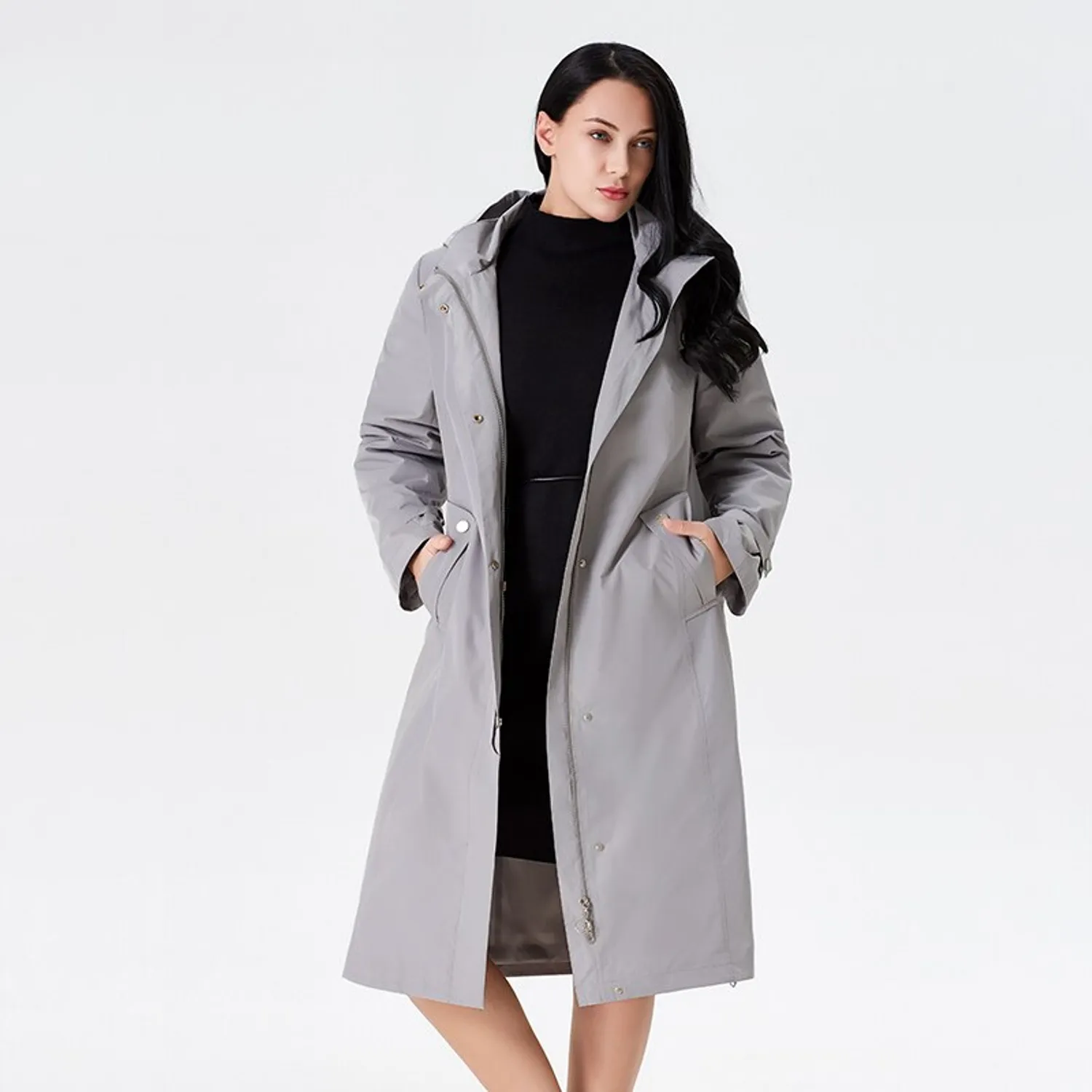 Women's Spring Solid Long Windbreaker | Plus Size