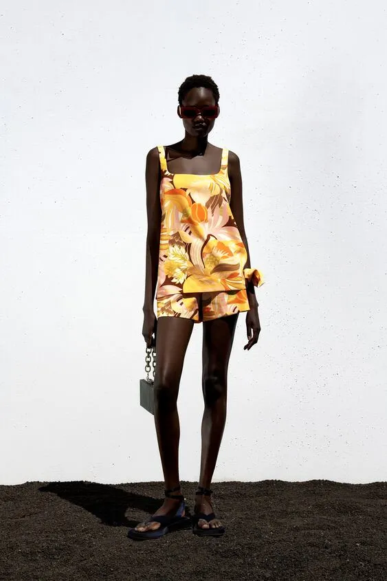 ZARA YELLOW PRINTED TOP WITH SCRUNCHIE