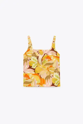 ZARA YELLOW PRINTED TOP WITH SCRUNCHIE